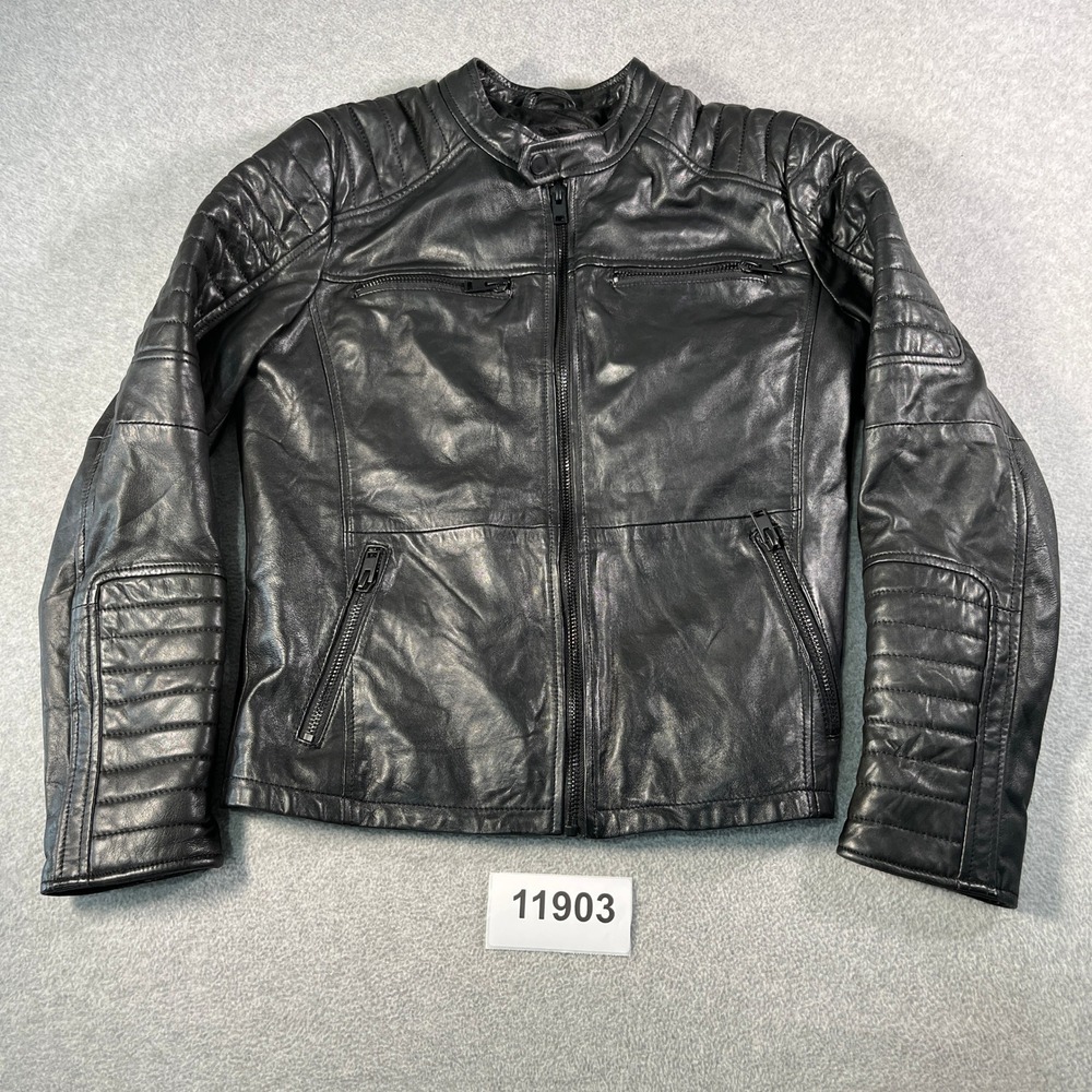 Barneys Originals Leather Biker Jacket Mens Large Black Lined Racing Full Zip